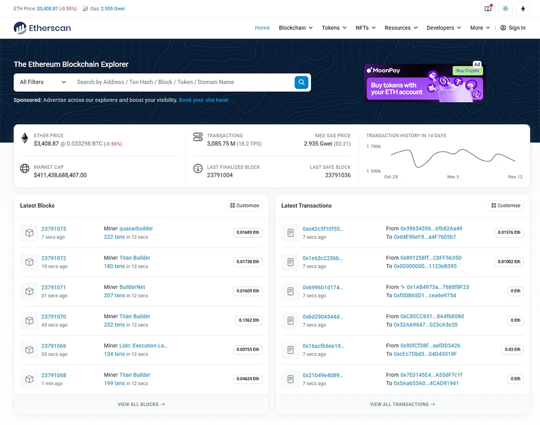 Etherscan Explorer Hompage