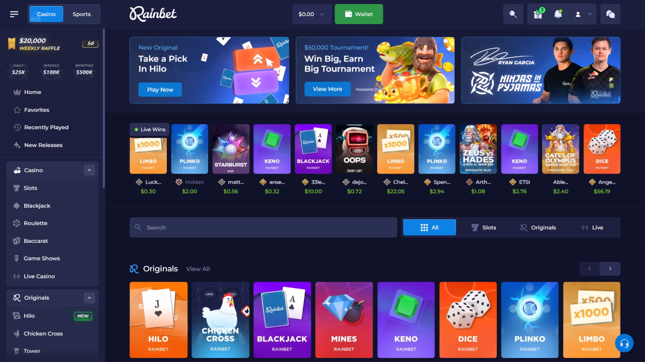 Rainbet Casino Lobby